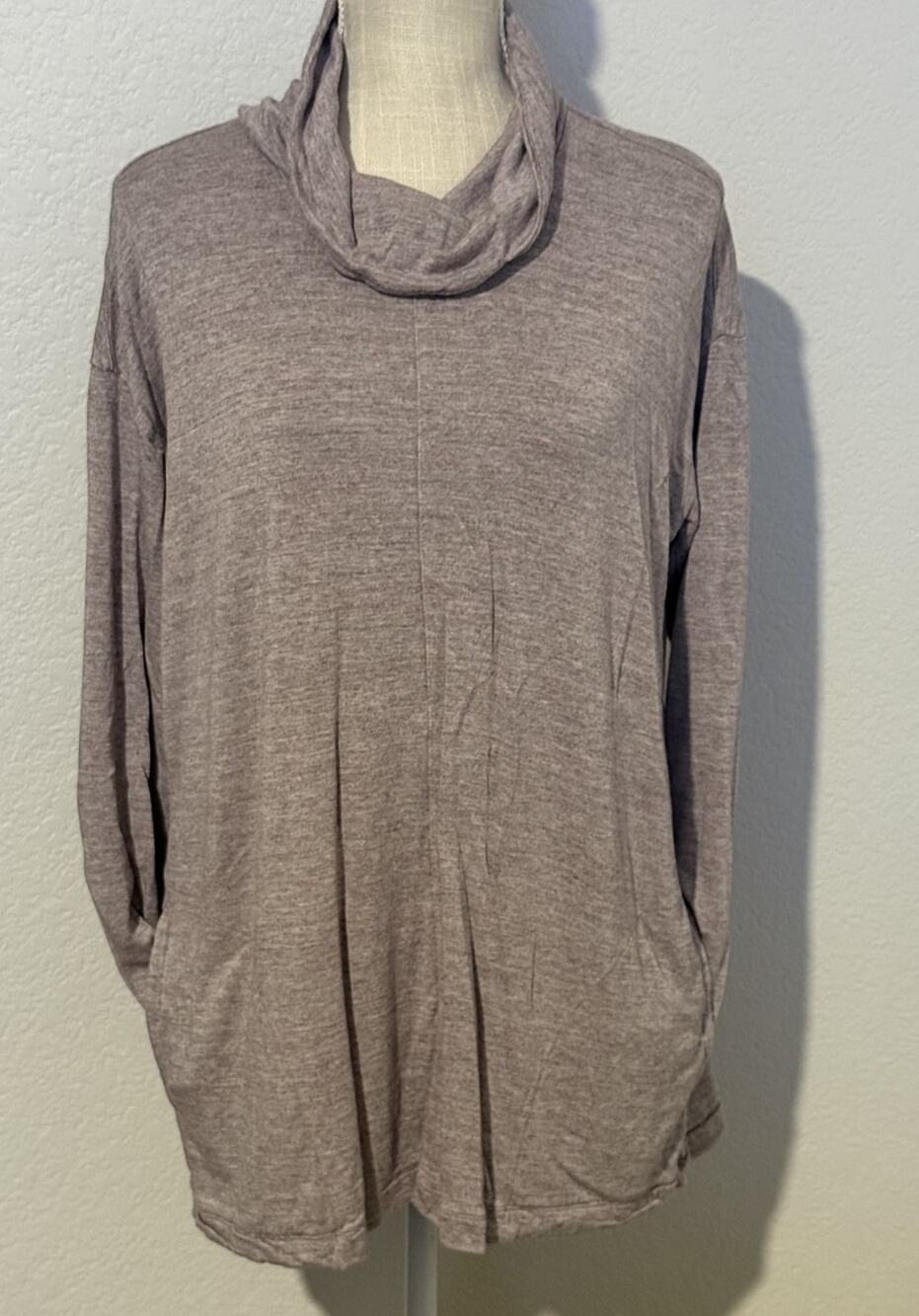 Pure Jill Cowl Neck Long Sleeve Gray Taupe Tunic Top Pockets Stretch Cabincore M
